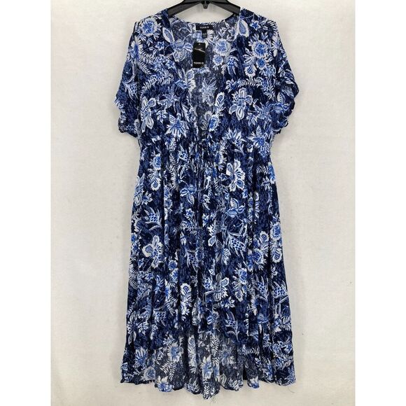 Torrid Indigo Blue Floral Print Tie Waist‎ Kimono Dress 00/0 Short Sleeve Boho - Picture 1 of 15